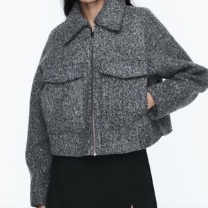 ZARA Heather Grey Boucle cropped jacket zip up - XL